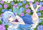  bangs barefoot blue_dress blue_eyes blue_hair bow bowtie cirno commentary day dress eyebrows_visible_through_hair flower glint hair_ribbon head_on_arm hydrangea in_water leg_lift looking_at_viewer lying nibosi on_back on_stomach outdoors overcast pinafore_dress puddle puffy_short_sleeves puffy_sleeves rain red_neckwear reflection ribbon ripples shirt short_hair short_sleeves the_pose touhou water_drop white_shirt wings 
