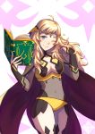  1girl absurdres blonde_hair blue_eyes book breasts cape center_opening closed_mouth commission covered_navel fire_emblem fire_emblem_fates highres holding holding_book long_hair one_eye_closed open_book ophelia_(fire_emblem) smile solo toast_(oreocorio) 