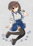  1girl blue_hakama blush_stickers brown_eyes brown_hair floral_background grey_background hair_between_eyes hakama holding holding_microphone ina_(1813576) japanese_clothes kaga_(kantai_collection) kantai_collection microphone side_ponytail solo 