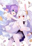  2girls :d ahoge animal_ears azur_lane bangs bare_shoulders black_vest blue_eyes blush carrying commentary_request dress elbow_gloves eyebrows_visible_through_hair facial_mark food gloves grey_shorts hair_between_eyes hair_ornament heart highres ice_cream javelin_(azur_lane) laffey_(azur_lane) legwear_under_shorts long_hair long_sleeves looking_at_viewer multiple_girls no_shoes open_mouth pantyhose parted_lips princess_carry purple_hair rabbit_ears red_eyes shirt short_shorts shorts simple_background smile soles strapless strapless_dress tiara tsubasa_tsubasa twintails veil very_long_hair vest wedding_dress white_background white_dress white_gloves white_hair white_legwear white_shirt yuri 