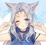  1girl animal_ears blue_eyes blush breasts closed_mouth collar commission diamond-shaped_pupils double_v emotional_engine_-_full_drive eyebrows_visible_through_hair facial_mark final_fantasy final_fantasy_xiv grey_hair jirafuru large_breasts long_hair looking_at_viewer mole mole_under_eye one_eye_closed sleeveless smile solo symbol-shaped_pupils tongue tongue_out v 