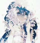  1girl bare_shoulders blue_eyes blue_hair collarbone eyebrows_visible_through_hair flower gocoli hair_between_eyes hood neck_ribbon original parted_lips plant ribbon short_hair sidelocks solo tareme 