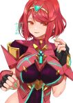  1girl bangs breasts chest_jewel earrings fingerless_gloves gem gloves green_nails highres pyra_(xenoblade) jewelry large_breasts orange_eyes redhead short_hair signature solo sou_(pale_1080) swept_bangs tiara upper_body xenoblade_(series) xenoblade_2 