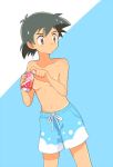  1boy black_hair blue_swim_trunks brown_eyes bubble_print can holding_drink looking_to_the_side male_swimwear mei_(maysroom) pokemon pokemon_(anime) satoshi_(pokemon) shirtless soda_can solo spiky_hair sweat swim_trunks swimwear tagme two-tone_background 