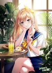  1girl aqua_eyes bangs blonde_hair blue_skirt book cake closed_mouth crossed_legs cup dated drink drinking_glass earrings eyebrows_visible_through_hair fern food fork fruit hair_ribbon hand_on_own_face highres holding holding_fork indoors jewelry kiwi_(pixiv6429539) leaf lemon lemon_slice long_hair original plant plate pleated_skirt potted_plant ribbon school_uniform serafuku shirt signature sitting skirt solo swiss_roll table thighs white_shirt window yellow_neckwear 