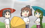  3girls alternate_costume black_hair blue_eyes blue_pants blue_umbrella braid brown_eyes brown_hair commentary_request dated diving_mask diving_mask_on_head feet_out_of_frame green_hair hamu_koutarou headgear headset highres kantai_collection long_hair looking_up maru-yu_(kantai_collection) mole mole_under_mouth multiple_girls open_mouth outdoors pants purple_pants rain red_umbrella round_teeth shirt short_hair single_braid speaking_tube_headset swimsuit swimsuit_under_clothes t-shirt teeth track_pants umbrella upper_teeth very_long_hair white_shirt white_swimsuit yellow_umbrella yukikaze_(kantai_collection) yuugumo_(kantai_collection) 