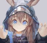  1girl amiya_(arknights) animal_ears arknights blue_eyes brown_hair claw_pose closed_mouth commentary copyright_name cravat english_text eyelashes grey_background hair_between_eyes highres hood hooded_jacket jacket jewelry korean_commentary long_hair long_sleeves looking_at_viewer mile_(mil2) multiple_rings portrait purple_neckwear rabbit_ears ring see-through simple_background smile solo 