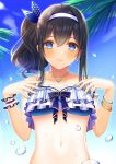  1girl bare_shoulders bikini black_hair blue_bikini blue_eyes blue_nails blue_ribbon blue_sky blush bracelet collarbone commentary_request day earrings hair_ribbon hairband hanazono_rinko heart heart_necklace highres idolmaster idolmaster_cinderella_girls idolmaster_cinderella_girls_starlight_stage jewelry long_hair looking_at_viewer nail_polish navel necklace palm_tree ribbon sagisawa_fumika scrunchie side_ponytail sky smile solo strapless strapless_bikini swimsuit tree water water_drop white_hairband wrist_scrunchie 