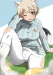  1girl absurdres animal_ears arm_up bangs blonde_hair blush brave_witches breasts commentary eyebrows_visible_through_hair grass grey_eyes highres large_breasts looking_at_viewer nikka_edvardine_katajainen on_ground one_eye_closed open_mouth pouch ribbed_sweater simple_background sitting smoke strike_witches striker_unit sweater tail torn_clothes torn_legwear tricky_46 wavy_mouth white_legwear world_witches_series 