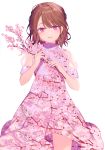  1girl absurdres achiki branch brown_hair cherry_blossoms dress flower highres open_mouth original petals pink_eyes relic_(artbook) smile solo 
