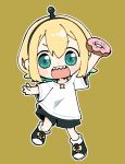  1girl :d amano_pikamee aqua_eyes aqua_hair arm_up bangs black_footwear black_hairband black_shorts blonde_hair blush_stickers brown_background chibi doughnut eyebrows_visible_through_hair food full_body hair_between_eyes hairband holding holding_food looking_at_viewer multicolored_hair najo open_mouth outline sharp_teeth shirt shoes short_sleeves shorts simple_background smile solo teeth two-tone_hair v-shaped_eyebrows virtual_youtuber voms white_outline white_shirt 