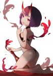  1girl alcohol artist_request ass bangs bare_shoulders bikini black_bikini bob_cut bottle breasts eyeliner fate/grand_order fate_(series) feet highres horns legs looking_at_viewer makeup oni oni_horns open_mouth purple_hair short_hair shuten_douji_(fate/grand_order) skin-covered_horns small_breasts smile swimsuit violet_eyes wine wine_bottle 