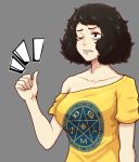  1girl black_eyes black_hair breasts chief_(91m10) collarbone grey_background kawakami_sadayo large_breasts no_bra off-shoulder_shirt off_shoulder one_eye_closed persona persona_5 print_shirt saliva shirt short_hair sleepy solo t-shirt yellow_shirt 