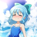  1girl adapted_costume armpits blue_hair blush bow cato_(monocatienus) cirno closed_eyes clouds collarbone commentary dress frown hair_bow halterneck ice ice_wings lens_flare melting short_hair sky solo strapless strapless_dress summer sundress sunlight sweat touhou wavy_mouth wince wings 