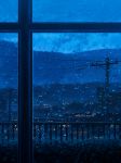  blue_theme blurry city city_lights clouds cola_(gotouryouta) commentary dark depth_of_field dusk highres hill indoors no_humans original plant power_lines railing rain scenery sky telephone_pole water_drop window 