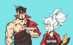  1boy 1girl apron aqua_background black_apron blood commentary english_commentary food frying_pan grey_hair hair_bun helltaker helltaker_(character) injury lucifer_(helltaker) mechapen muscle pancake pince-nez red_eyes red_shirt shirt sunglasses sweatdrop torn_clothes updo 