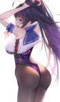  1girl absurdres ahoge ass bangs benghuai_xueyuan black_legwear blue_eyes breasts eyeshadow hair_between_eyes highres holding_hair_ornament honkai_(series) honkai_impact_3rd leotard long_hair looking_at_viewer makeup mouth_hold pantyhose purple_hair raiden_mei solo very_long_hair wu_ganlan_cai 