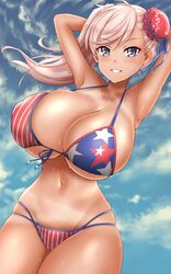  1girl american_flag_bikini arms_behind_head bikini blue_eyes blue_sky breasts cowboy_shot fate/grand_order fate_(series) flag_print hair_bun highres huge_breasts miyamoto_musashi_(fate/grand_order) miyamoto_musashi_(swimsuit_berserker)_(fate) pink_hair sayo_ayato sky smile swimsuit tan tanline thighs 