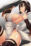  1girl bare_shoulders black_eyes black_hair black_legwear blade breasts covered_nipples highres huge_breasts iroha_(samurai_spirits) looking_at_viewer samurai_spirits short_hair sideboob solo takanashi-a thick_thighs thigh-highs thighs 