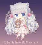  1girl animal animal_ear_fluff bangs blue_eyes blunt_bangs blush chibi closed_eyes copyright_request dog dress eyebrows_visible_through_hair fang flower full_body hair_flower hair_ornament heart highres holding holding_animal long_hair open_mouth pink_flower puffy_short_sleeves puffy_sleeves red_footwear shoes short_sleeves silver_hair solo standing translation_request tsukimiya_yuuko twintails very_long_hair virtual_youtuber white_dress 