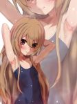  1girl aisaka_taiga armpits arms_behind_head bare_shoulders blue_swimsuit breasts brown_eyes brown_hair closed_mouth collarbone commentary_request hair_between_eyes highres long_hair looking_at_viewer multiple_views school_swimsuit small_breasts sweat swimsuit tomodachi_(tomofanart) toradora! upper_body 