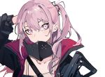  1girl bangs girls_frontline hand_on_own_head highres long_hair looking_at_viewer mask mask_around_neck pink_eyes pink_hair sidelocks simple_background st_ar-15_(girls_frontline) u_tnmn white_background 