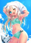  1girl 1other belka bikini blonde_hair blue_eyes blue_sky clouds collarbone commentary_request contrapposto cowboy_shot day dog fang flat_chest from_below green_bikini little_busters!! long_hair midriff navel noumi_kudryavka one_eye_closed open_mouth outdoors shirt sky smile standing swimsuit undressing white_shirt zen 