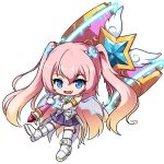 1girl :d angelic_buster bangs bare_shoulders blue_eyes boots brown_hair eyebrows_visible_through_hair fang full_body gloves glowing gradient_hair hair_between_eyes hair_ornament holding holding_hammer long_hair looking_at_viewer maplestory multicolored_hair nekono_rin open_mouth pink_hair pleated_skirt purple_skirt shirt simple_background skirt sleeveless sleeveless_shirt smile solo star_(symbol) thigh-highs thighhighs_under_boots transparent_wings two-handed two_side_up very_long_hair white_background white_footwear white_gloves white_legwear white_shirt 