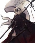  1girl ahoge armor armored_dress banner black_cape black_dress black_legwear black_ribbon cape chain doragonboll0127 dress fate/grand_order fate_(series) faulds gauntlets headpiece highres holding holding_sword holding_weapon jeanne_d&#039;arc_(alter)_(fate) jeanne_d&#039;arc_(fate)_(all) ribbon shiny shiny_legwear shiny_skin short_hair silver_hair simple_background solo standing sword thigh-highs weapon white_background yellow_eyes 