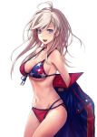  1girl absurdres american_flag_bikini applekun asymmetrical_hair bangs bikini blue_eyes breasts fate/grand_order fate_(series) flag_print highres large_breasts miyamoto_musashi_(fate/grand_order) multi-strapped_bikini_bottom navel pink_hair shrug_(clothing) swept_bangs swimsuit two-tone_swimsuit white_background 