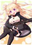  1girl :d bangs black_jacket black_legwear black_skirt blonde_hair blush breasts commentary_request double_bun eyebrows_visible_through_hair girls_frontline gloves grey_gloves gun haradaiko_(arata_himeko) highres hk23 hk23_(girls_frontline) holding holding_gun holding_weapon jacket large_breasts long_hair long_sleeves looking_at_viewer machine_gun object_namesake open_clothes open_jacket open_mouth pleated_skirt skirt sleeves_past_wrists smile solo thigh-highs two_side_up very_long_hair violet_eyes weapon white_cardigan 