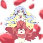  1girl artist_name beyblade beyblade:_burst blue_hair breasts chankyone character_name closed_mouth dress happy heart highres legs long_dress long_hair nishiro_nya open_eyes petals red_dress rose_petals short_twintails simple_background small_breasts smile twintails violet_eyes 