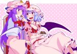  2girls bat_wings blue_hair bow capelet chair chocolate commentary_request crescent crescent_hair_ornament eichi_yuu feeding frilled_shirt_collar frills hair_bow hair_ornament hat heart heart_background long_hair mob_cap multiple_girls open_mouth pajamas patchouli_knowledge pink_shirt pink_skirt puffy_short_sleeves puffy_sleeves purple_hair red_eyes remilia_scarlet shirt short_hair short_sleeves sitting sitting_on_lap sitting_on_person skirt striped touhou violet_eyes wide_sleeves wings 