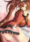 1girl ass bangs breasts brown_hair china_dress chinese_clothes clothes_tug dress guilty_gear guilty_gear_xrd hair_ring hair_tubes highres kuradoberi_jam large_breasts long_hair looking_at_viewer looking_back mariebell panties panty_peek skindentation smile thick_thighs thigh_strap thighs twintails underwear white_panties
