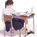  1girl ayaki_(43510) book bottle eizouken_ni_wa_te_wo_dasu_na! freckles from_behind glasses kanamori_sayaka loafers long_hair pen pleated_skirt ponytail shadow shoes simple_background skirt solo water_bottle white_background 