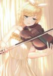  1girl absurdres bangs blonde_hair blue_eyes bow collarbone dress eyebrows_visible_through_hair hair_bow hair_ornament hairclip highres holding holding_instrument instrument jung5u kagamine_rin music parted_lips playing_instrument short_hair sleeveless sleeveless_dress solo standing swept_bangs violin vocaloid white_bow yellow_dress 