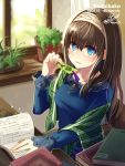  1girl black_hair blue_eyes blue_shirt blush book book_stack bookmark colornix commentary_request curtains hairband highres holding idolmaster idolmaster_cinderella_girls idolmaster_cinderella_girls_starlight_stage jewelry long_hair long_sleeves looking_at_viewer necklace open_book plaid_shawl plant potted_plant sagisawa_fumika shirt signature sitting solo twitter_username window 