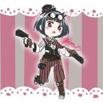  1girl belt black_hair black_hairband black_headwear black_vest blush boots brown_belt brown_footwear brown_gloves brown_pants center_frills commentary_request dual_wielding fingerless_gloves frills full_body gloves goggles goggles_on_head gun hairband handgun hat holding holding_gun holding_weapon jitomi_monoe knee_boots long_sleeves looking_at_viewer magnet mini_hat mini_top_hat open_mouth pants pistol pocket_watch raone/kinosato red_eyes shirt short_hair signature solo standing standing_on_one_leg steampunk striped striped_background top_hat vertical_stripes vest virtual_youtuber voms watch weapon white_shirt 