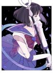  1girl back_bow bishoujo_senshi_sailor_moon black_background black_hair bow choker elbow_gloves gloves highres kko_(um7mr) outer_senshi pleated_skirt purple_sailor_collar sailor_collar sailor_saturn sailor_senshi sailor_senshi_uniform saturn_symbol short_hair silence_glaive skirt star_(symbol) star_choker tomoe_hotaru 