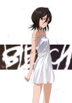  1girl arms_at_sides bangs bare_shoulders black_hair bleach bob_cut breasts commentary copyright_name cowboy_shot dress furrowed_eyebrows hair_between_eyes kuchiki_rukia looking_at_viewer looking_to_the_side parted_lips puma_(hyuma1219) short_dress short_hair sleeveless sleeveless_dress small_breasts solo standing violet_eyes white_background white_dress 