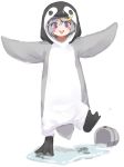  1girl absurdres animal_costume bird_costume blush_stickers bodysuit cosplay empress_(last_origin) flat_chest greentree grey_hair highres kigurumi last_origin penguin_costume simple_background smile solo violet_eyes white_background younger 