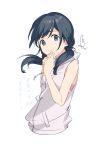  1girl absurdres al_mican amano_hina_(tenki_no_ko) bangs bare_arms bare_shoulders black_hair blue_eyes closed_mouth drawstring eyebrows_visible_through_hair grey_vest highres hood hood_down hooded_vest hoodie long_hair looking_at_viewer low_twintails own_hands_together signature simple_background smile tenki_no_ko translation_request twintails upper_body vest white_background 