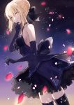  1girl artoria_pendragon_(all) bangs bare_shoulders black_dress black_gloves black_legwear black_ribbon blonde_hair blush braid breasts choker dress elbow_gloves fate/stay_night fate_(series) french_braid gloves gradient gradient_background hair_between_eyes hair_ribbon highres long_hair looking_at_viewer medium_breasts meltymaple pale_skin parted_lips petals ribbon saber_alter sidelocks thigh-highs thighs yellow_eyes 