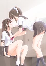  2girls adjusting_bow bag black_footwear black_legwear bookbag bow breasts brown_eyes brown_footwear brown_hair eye_contact flower hair_bow highres indoors kamakama_(kdmorh_kamakama) long_hair looking_at_another medium_breasts multiple_girls original ponytail red_bow school_uniform serafuku sitting socks vase white_bow white_legwear yuri 