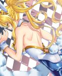  1girl ahoge animal_ears aona_(kuuga19yuu) artoria_pendragon_(all) artoria_pendragon_(swimsuit_ruler)_(fate) ass back bangs bare_shoulders blonde_hair blue_legwear braid breasts bunny_tail bunnysuit checkered checkered_background detached_collar fate/grand_order fate_(series) feather_boa fishnet_legwear fishnets french_braid green_eyes hair_between_eyes highleg highleg_leotard highres large_breasts leotard long_hair looking_at_viewer looking_back parted_lips ponytail rabbit_ears sidelocks tail tiara white_leotard wrist_cuffs 