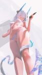  1girl absurdres arknights bangs bikini blush breasts eyebrows_visible_through_hair gun hand_up highres holding holding_gun holding_weapon horns liskarm_(arknights) long_hair looking_at_viewer navel orange_eyes solo swimsuit tail tifg39 weapon white_bikini white_hair 