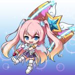  1girl :d angelic_buster bangs bare_shoulders blue_background blue_eyes boots brown_hair commentary_request eyebrows_visible_through_hair fang full_body gloves glowing gradient gradient_background gradient_hair hair_between_eyes hair_ornament holding holding_hammer long_hair looking_at_viewer maplestory multicolored_hair nekono_rin open_mouth pink_hair pleated_skirt purple_background purple_skirt shirt skirt sleeveless sleeveless_shirt smile solo sparkle_background star_(symbol) thigh-highs thighhighs_under_boots transparent_wings two-handed two_side_up very_long_hair white_footwear white_gloves white_legwear white_shirt 