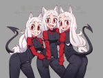  3girls :d animal_ears artist_logo ass black_gloves black_neckwear black_pants black_vest cerberus_(helltaker) commentary cowfee demon_tail dog_ears english_commentary eyebrows_visible_through_hair fang gloves grey_background grin helltaker highres leaning_forward long_hair long_sleeves low-tied_long_hair multiple_girls necktie open_mouth pants red_eyes red_shirt shirt simple_background smile tail teeth triplets vest watermark white_hair wing_collar 