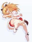  1girl :d animal_ear_fluff animal_ears bangs between_legs blonde_hair breast_pocket breasts crop_top fangs full_body fur_collar hair_between_eyes highres kemono_friends lion_(kemono_friends) lion_ears lion_girl lion_tail long_hair medium_breasts miniskirt open_mouth pleated_skirt pocket poifuru red_skirt shirt short_sleeves silhouette simple_background skirt smile solo tail tail_between_legs teeth thigh-highs thighs white_background white_footwear white_shirt yellow_eyes 