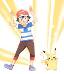  1boy arms_up baseball_cap black_hair brown_eyes brown_shorts gen_1_pokemon hat kanji mei_(maysroom) mimicry open_mouth pikachu pokemon pokemon_(anime) pokemon_sm_(anime) satoshi_(pokemon) shirt shoes shorts sneakers spiky_hair striped striped_shirt tagme z-ring 